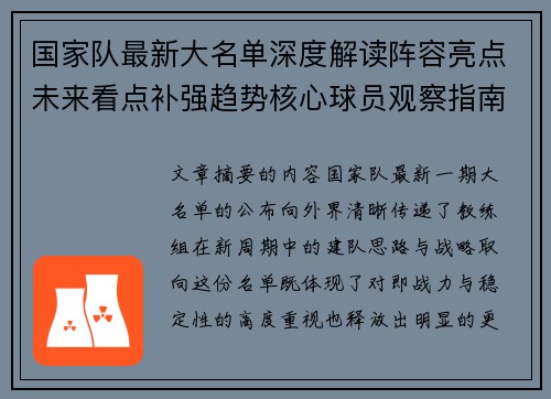 国家队最新大名单深度解读阵容亮点未来看点补强趋势核心球员观察指南
