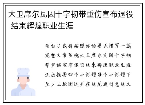 大卫席尔瓦因十字韧带重伤宣布退役 结束辉煌职业生涯